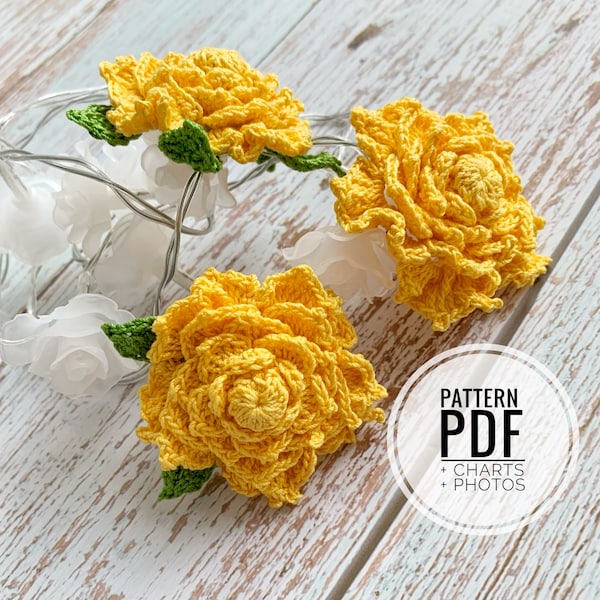 Rose Flower PDF written pattern Instant Download crochet step-by-step tutorial charts decor jewelry textured 3D diy craft scrapbooking