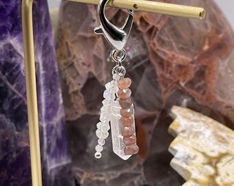 Clear Quartz Point, Chocolate & Rainbow Moonstone Beaded Crystal Gemstone Charm / Bridle Phone Planner Bag Collar Charm Keychain - #C20