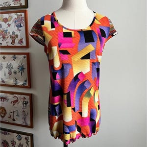 Top de malla Anac vintage Y2K / Manga corta transparente con diseño de chevron rosa y morado / Estilo club para niños / Talla S/M