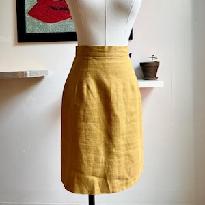Vintage 90s Michael Max Mini Skirt | High-Waist Linen Pencil Fit | Golden Yellow | Mod Minimalist US-Made | Size 4 / 26” Waist