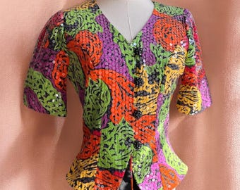 Jaqueta vintage com lantejoulas dos anos 80 | Blusa com estampa floral animal psicodélica neon | Blusa de festa com manga bufante e decote em V | Tamanho P/M