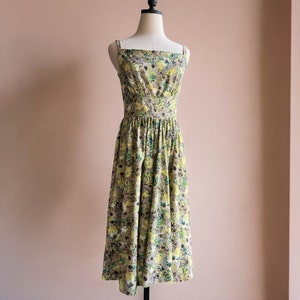 Vintage 50s Fit and Flare Dress | Cotton Sundress Garden Party | Yellow Green Floral | Coquette Picnic | 28” Waist