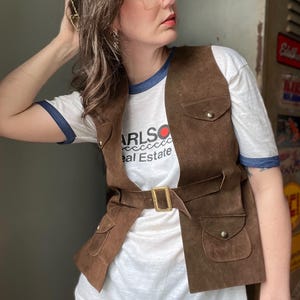 Vintage 70s Brown Suede Leather Vest | 1970s Belted Utility Pocket Western Boho Safari Waistcoat | Size S