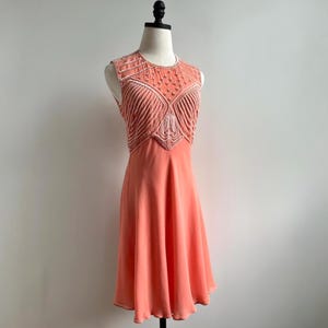 Vintage 80s Cocktail Dress | Bias-Cut Beaded Silk Evening Gown | Coral Pink | Art Deco Italian Glam | Size S 28” Waist