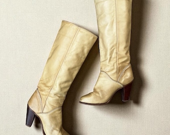 Vintage 70s Zodiac Tan Leather Boots | Tall Mid-Calf Western | Stacked Wood Heel | Size 6.5