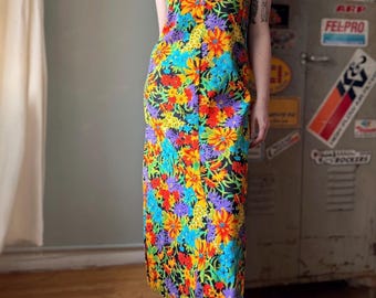 Vintage 60s Floral Maxi Dress | Psychedelic Floral Print | Sleeveless Column Silhouette | Mod Bohemian | Size S/M