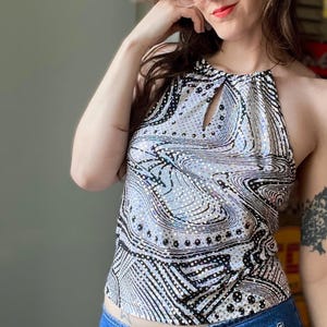 Vintage Y2K Self Esteem Halter Top | Psychedelic Mirror Sequin Party Tank | Black White Polka Dot Choker Keyhole | Size M