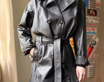 90年代風ブラックレザートレンチコート - ソフトな本革、アート