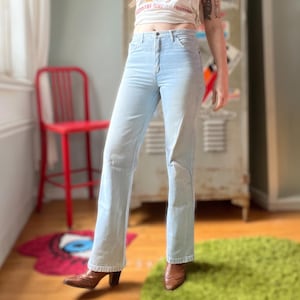 Vintage 70s Cash Flare Jeans | Light Wash Faded Denim with Leather Trim Pockets | Hippie Style | W28