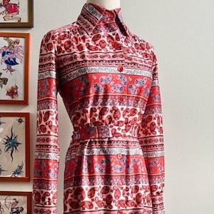 Vintage 70s Paisley Shirt Dress | Autumnal Orange Blue Print Button-Down with Tie Belt | 1970s Boho Collared Midi | Size 8