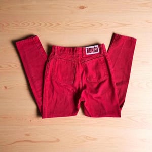 Vintage 90s Bongo Red Jeans | 1990s High‑Waist Cherry Wash Denim | Tapered Leg Made in USA | Size 26