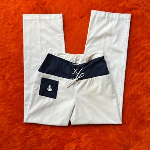 Vintage 60s Sailor Pants | Nautical Lace-Up High-Waist Trousers | Ivory with Anchor Patch | Sailorcore Coastal Grandma | 24” Waist