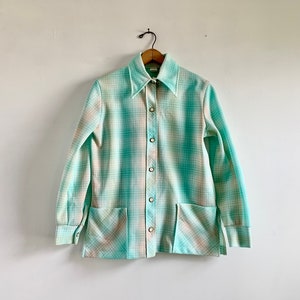 Vintage 70s Pastel Plaid Jacket | Boxy Poly Chore Shirt | Aqua Pink Computer Grid Print | Cottagecore Spring Layer | Size M