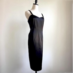 Vintage 90s Minimalist Slip Dress | Handmade Bias-Cut Nylon | Black Sheen | Sweetheart Neckline | Size 12/XL
