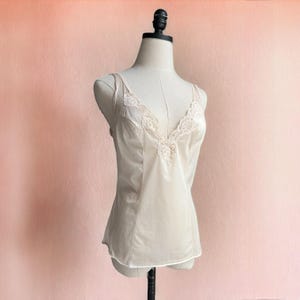 Vintage 80s Lingerie Camisole | Champagne Nylon Bias Cut Cami | Lace Trim Sweetheart Bustier Tank | Size M/L