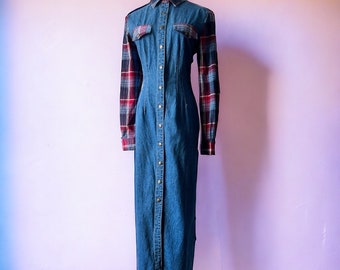 90s vintage denim dress collared plaid denim maxi long sleeve dress 1990s