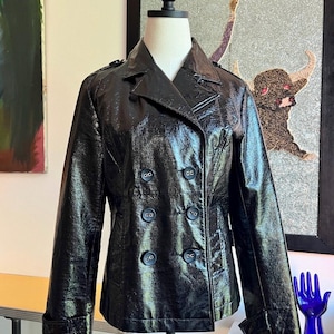 Vintage Y2K Black Patent Vinyl Trench Jacket | 2000s Jus d’Orange Double‑Breasted Moto Coat