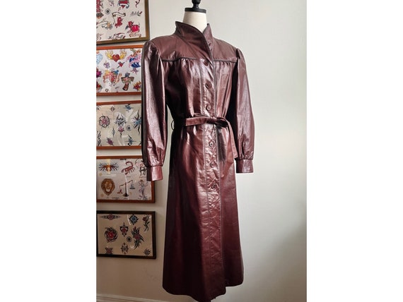 60s vintage leather trench coat cognac jacket 196… - image 1