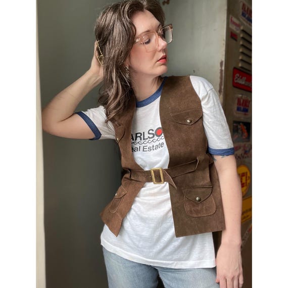 Vintage 70s Brown Suede Leather Vest | Belted Utility Pocket 