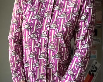 Vintage 70s Novelty Car Print Shirt | Striped Magenta Button Up | Antique Auto Motif Blouse | Retro Mod Pop Art Top | Size M