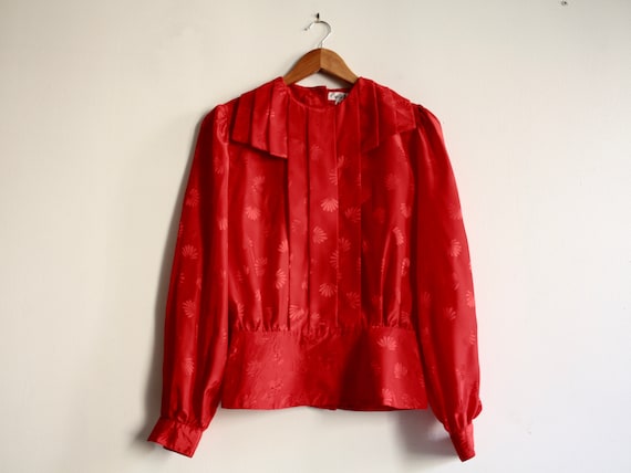 80s red silk pleated structured blouse 1980s vinta