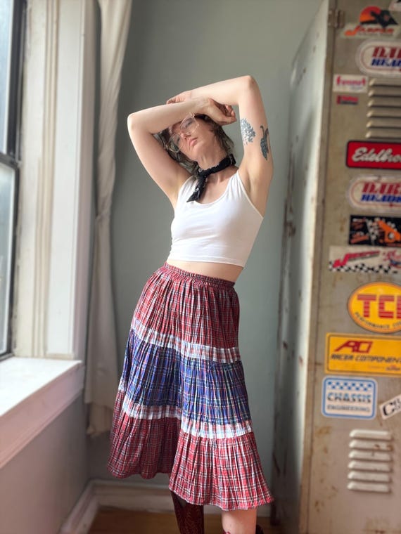 Vintage 90s Patchwork Plaid Midi Skirt Red Navy Tartan Tiered