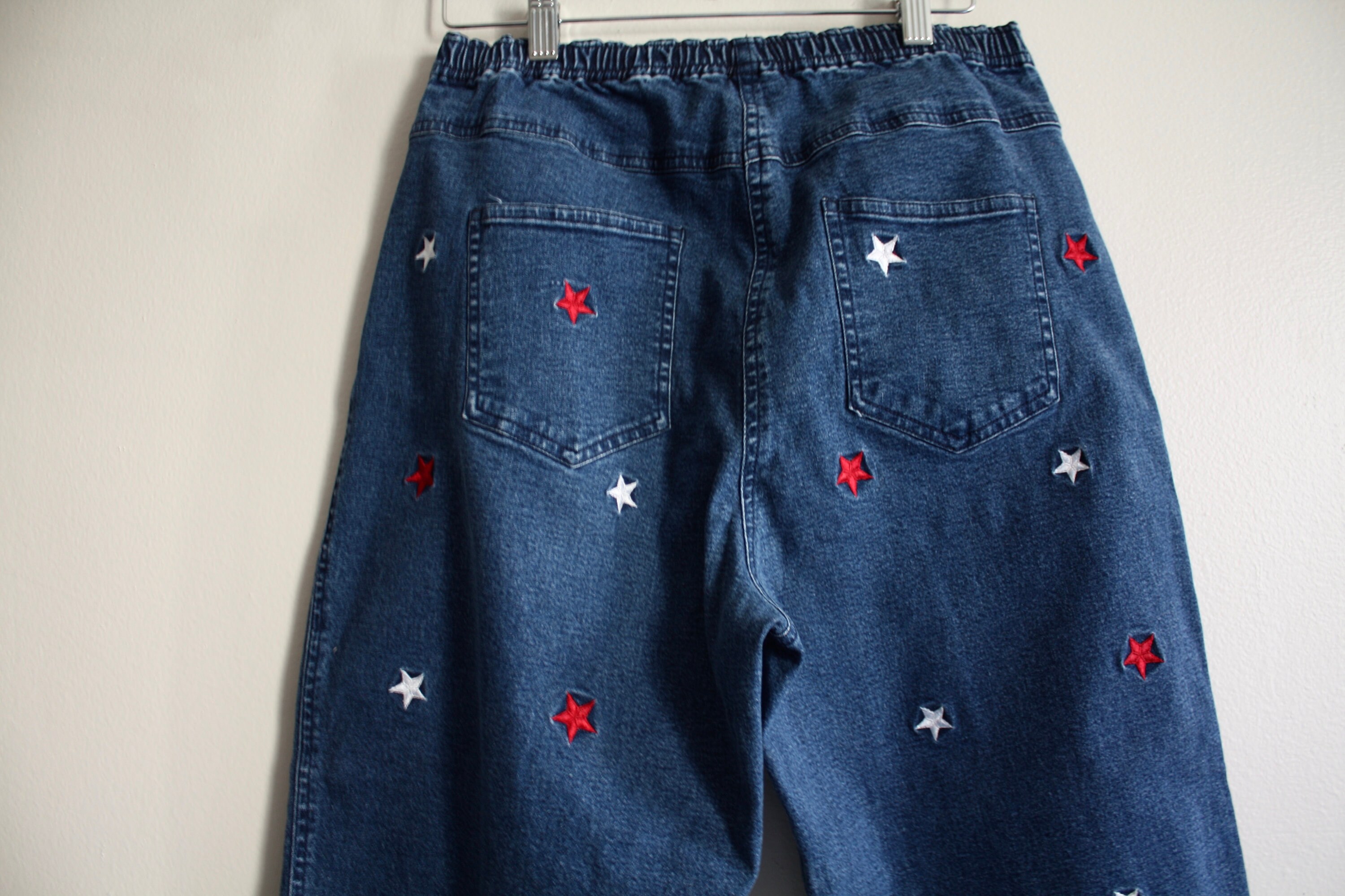 High Waist Retro Stars Side Embroidered Jeans Pants main image 0