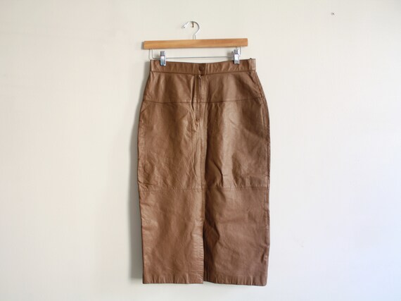 80s LEATHER brown long pencil skirt 1980s vintage