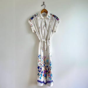 Vintage 70s Sheer Shirt Dress | 1970s Abstract Floral Lightweight Button Front Midi with Waist Tie | Summer Boho | Size S/M