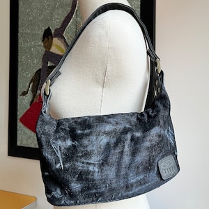Vintage Y2K Bongo Shoulder Bag | Washed Denim Cotton Purse | Soft Black with Logo Detail | Grunge It-Girl Streetwear | One Size