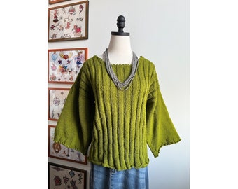 70s vintage green hand knit sweater flare sleeve 1970s