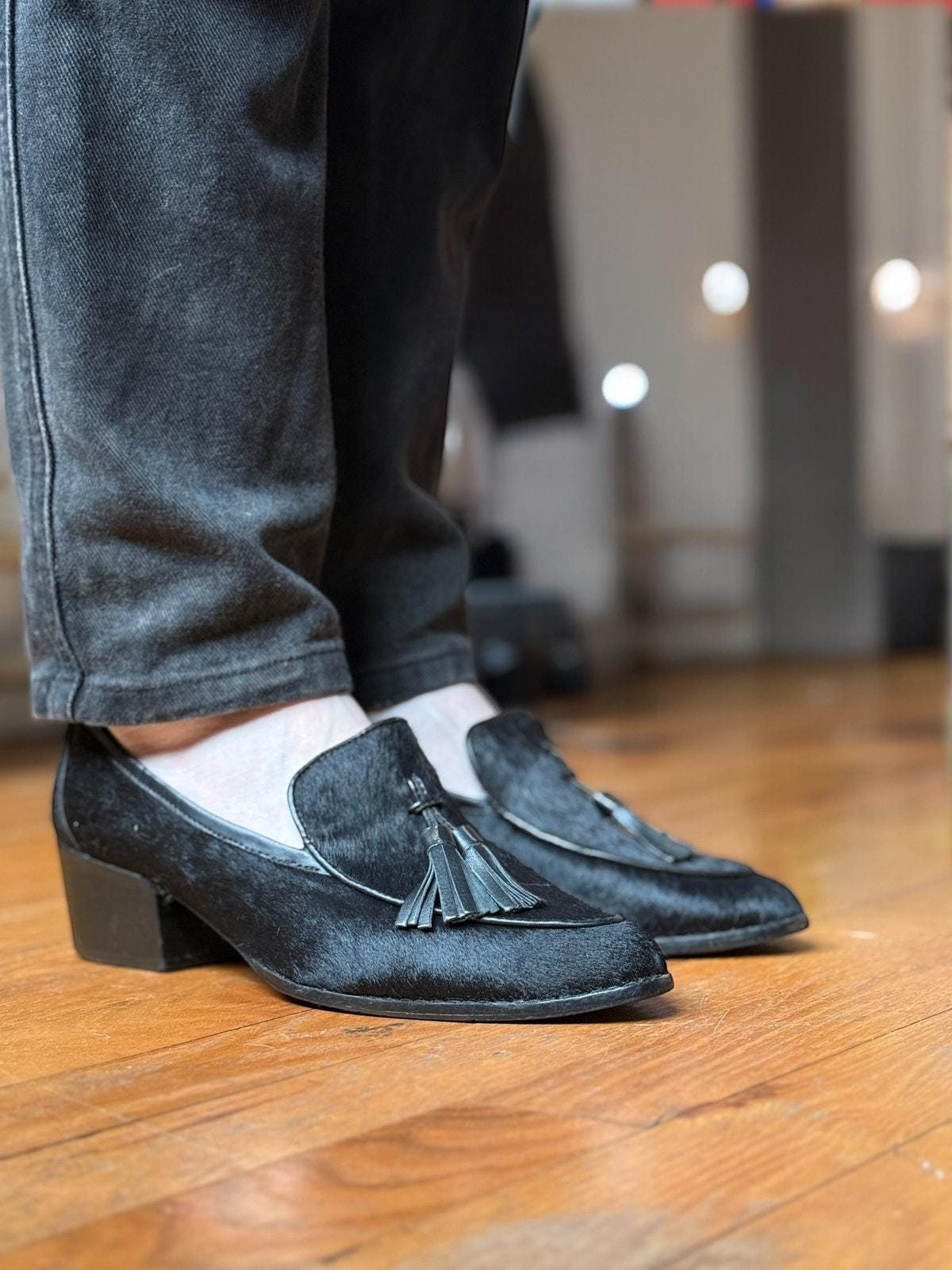 VTG Mens Black Leather Tassel Loafers 9.5 Dress Slip On Shoes Academia Retro 90s Amazon.com | Meijiana Men main image 4
