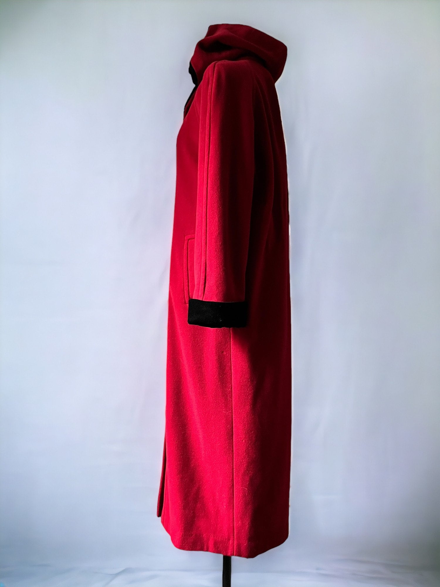 Vintage 1980s Halston Wool Coat | Cherry Red Hooded Maxi