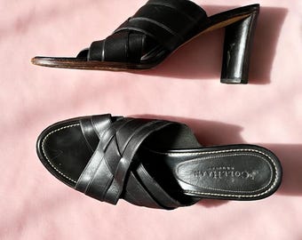 Vintage 90s Black Leather Mules | Woven Criss-Cross Upper | Square Toe Slip-On Sandals | Stacked Flared Heel | Size 9