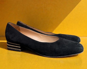 Vintage Bruno Magli Suede Pumps | Black Block Heel, Gold Accent | Size 7.5