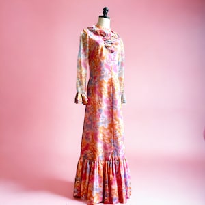 Vintage 70s Ruffle Maxi Dress | Chiffon Sleeve Full-Length Gown | Watercolor Floral Print | Cottagecore Wedding Guest | Size M