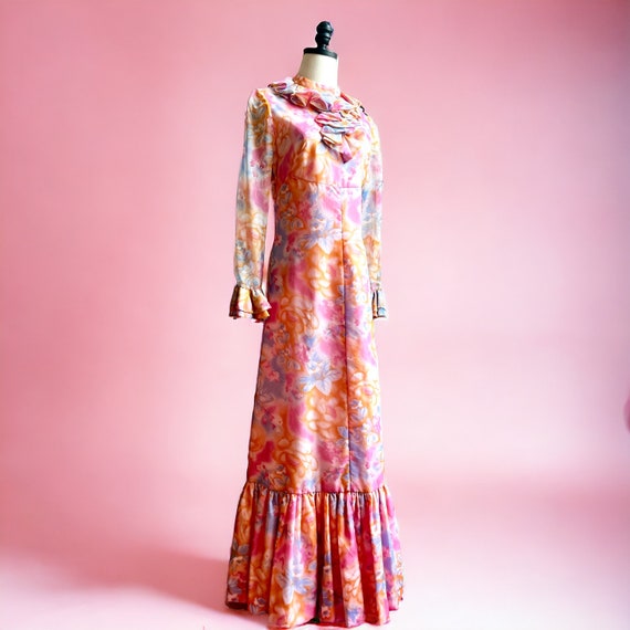 70s vintage floral maxi gown handmade watercolor … - image 1
