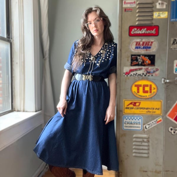 Vintage 90s Western Denim Dress | Studded Concho Detail | Cowgirl Rodeo Prairie Maxi | Elastic Waist | Size M