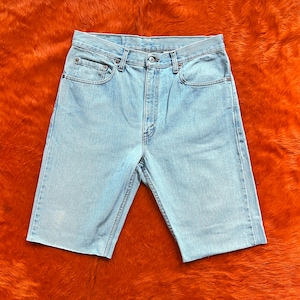 Vintage 90s Levi’s 505 Denim Shorts | High Waist Light Wash Cutoffs | Long Raw Hem Jean Shorts | W34