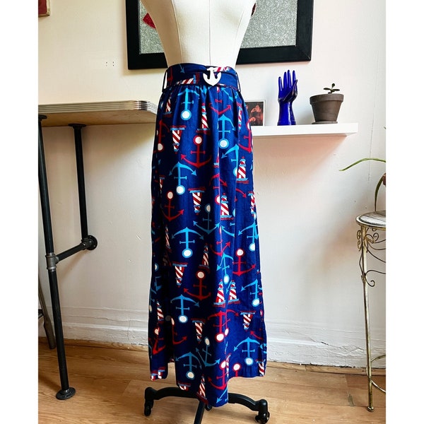 60s vintage nautical print maxi skirt belted anchor motif 24W 1960s