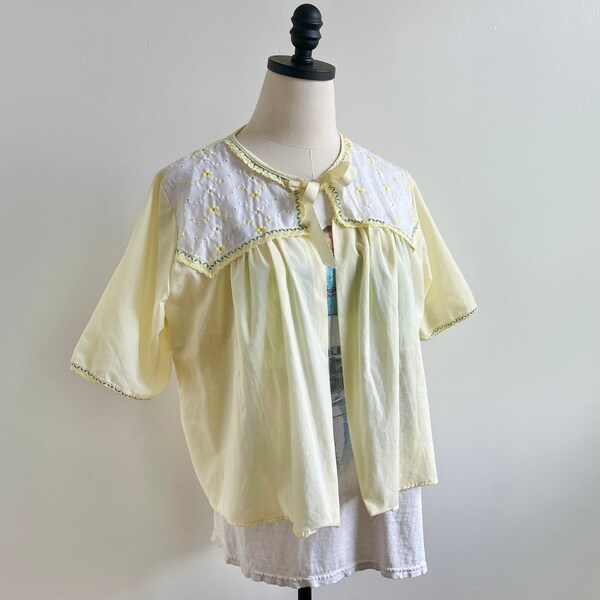 60s vintage bed jacket pale yellow cotton shrug 1960s
