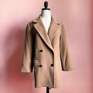 Vintage 90s Camel Double Breasted Blazer | Forecaster Wool Coat | 1990s Minimalist Boxy Peacoat | Classic Workwear Jacket | Size 6