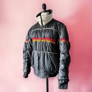 Vintage 70s Puffer Ski Jacket | Black with Racing Stripes | Retro Snowcore Winter Streetwear | Size L