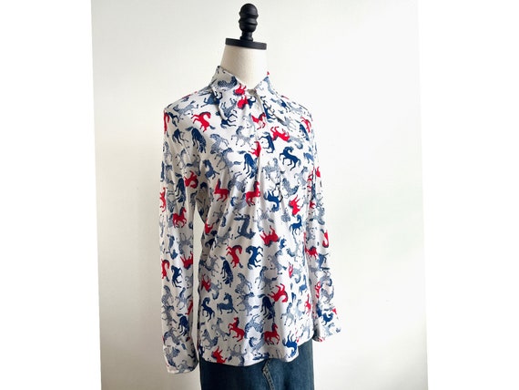 70s vintage cowgirl novelty horse print button up… - image 1