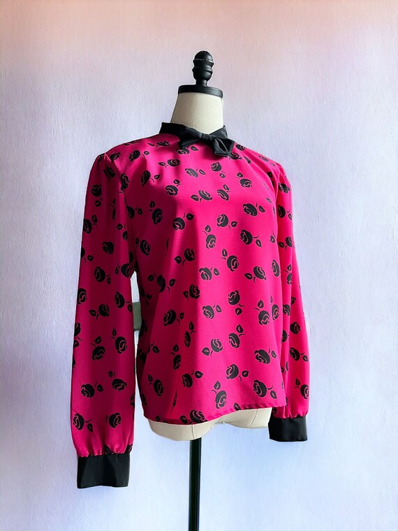 80s vintage hot pink metallic rose print top secr… - image 1