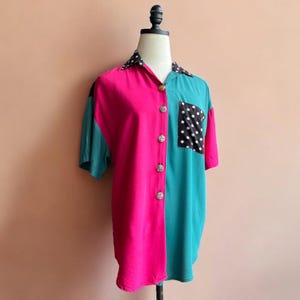 Vintage 80s Colorblock Rayon Blouse | 1980s Teal Pink Polka Dot Oversized CH Sport Button Down USA | Size M