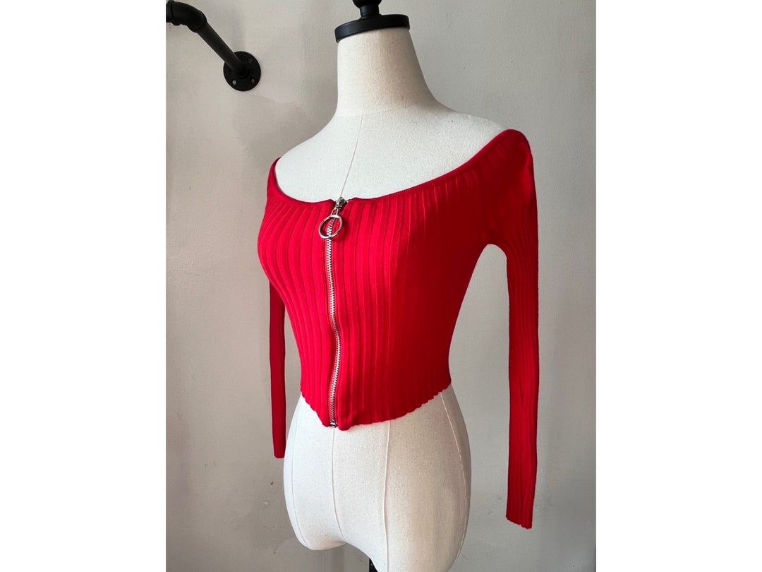 90s Vintage off Shoulder O Ring Zip Crop Top Sweater Long Sleeve Y2K Etsy