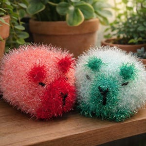 Peut inclure: Deux éponges faites à la main en forme de capybara. L'une est rose avec des accents rouges, l'autre est blanche avec des accents verts. Elles ont des yeux et des nez brodés noirs. Les éponges sont sur une étagère en bois avec des plantes en pot en arrière-plan.