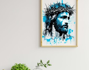 Op de afbeelding: Een zwart-witte illustratie van Jezus Christus met een doornenkroon, tegen een blauwe en witte splatter-verf achtergrond. De afbeelding is ingelijst in een licht houten lijst.