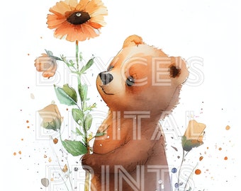 Watercolor Bear, Watercolor Baby Bear, Digital Download, Teddy Bear Clipart, Baby Bear Clipart, Baby Bear, Nursery Wall Art, Baby Bear Art
